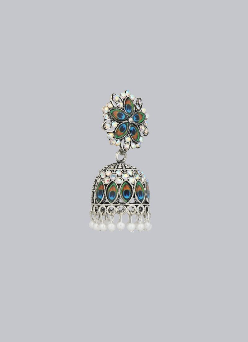 Silver Peacock Feather Stone Jumki