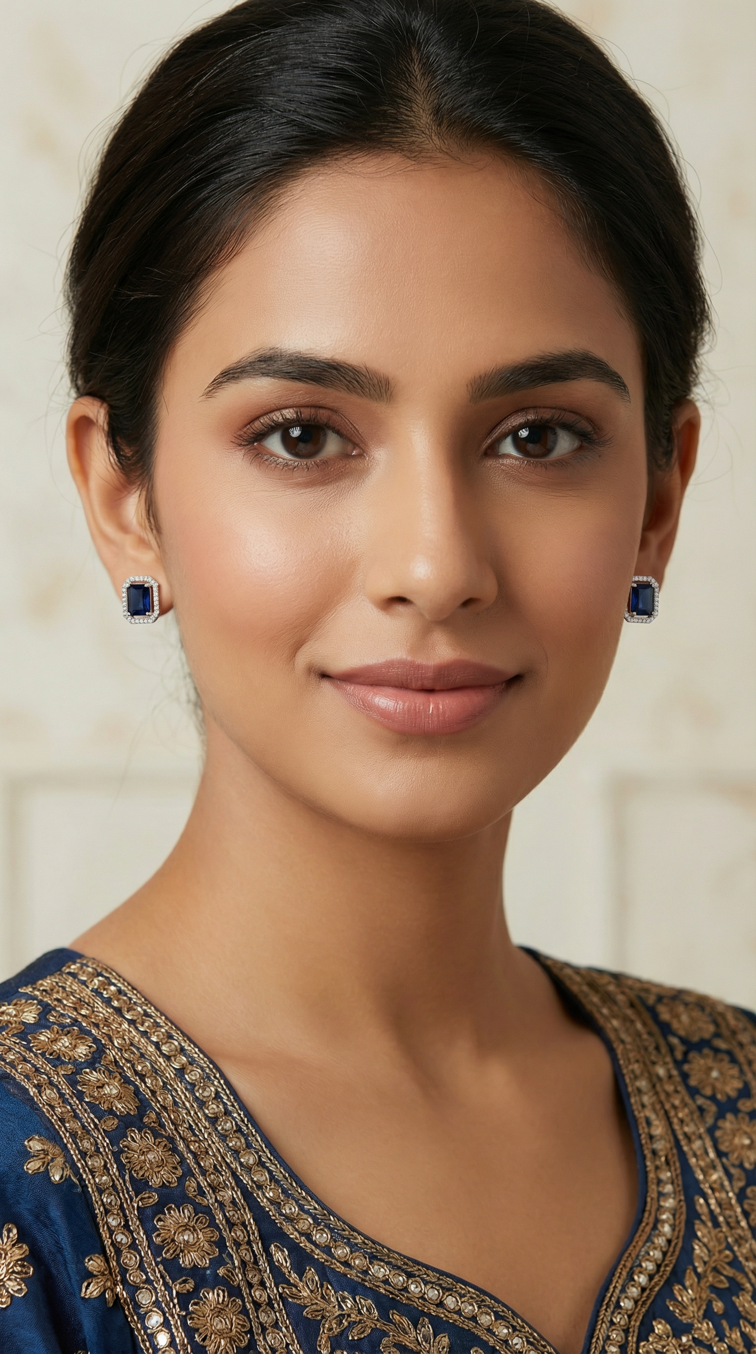 Navy Blue Stone and Diamante Stud Earrings