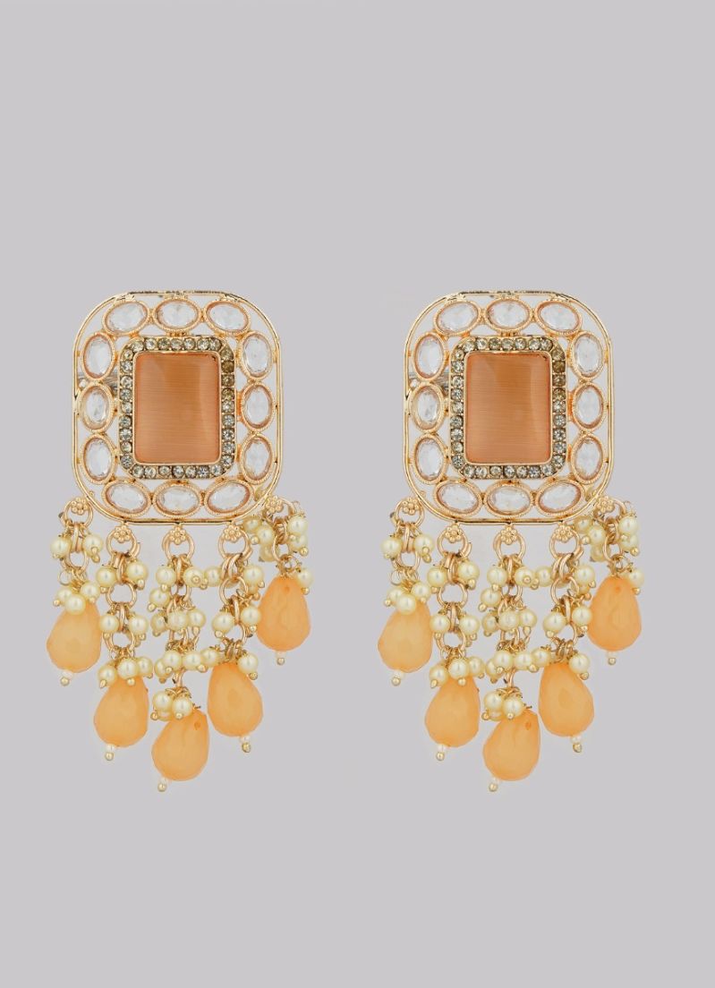 Peach Diamante Pearl Jumki Earrings with Cat’s Eye Stud and Bead Droplets