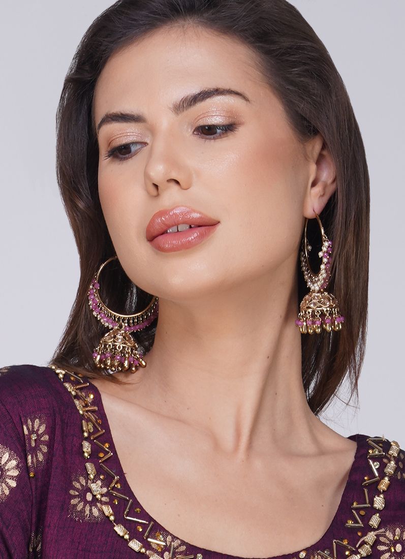 Buy Purple Stone Pearl Bali Earrings