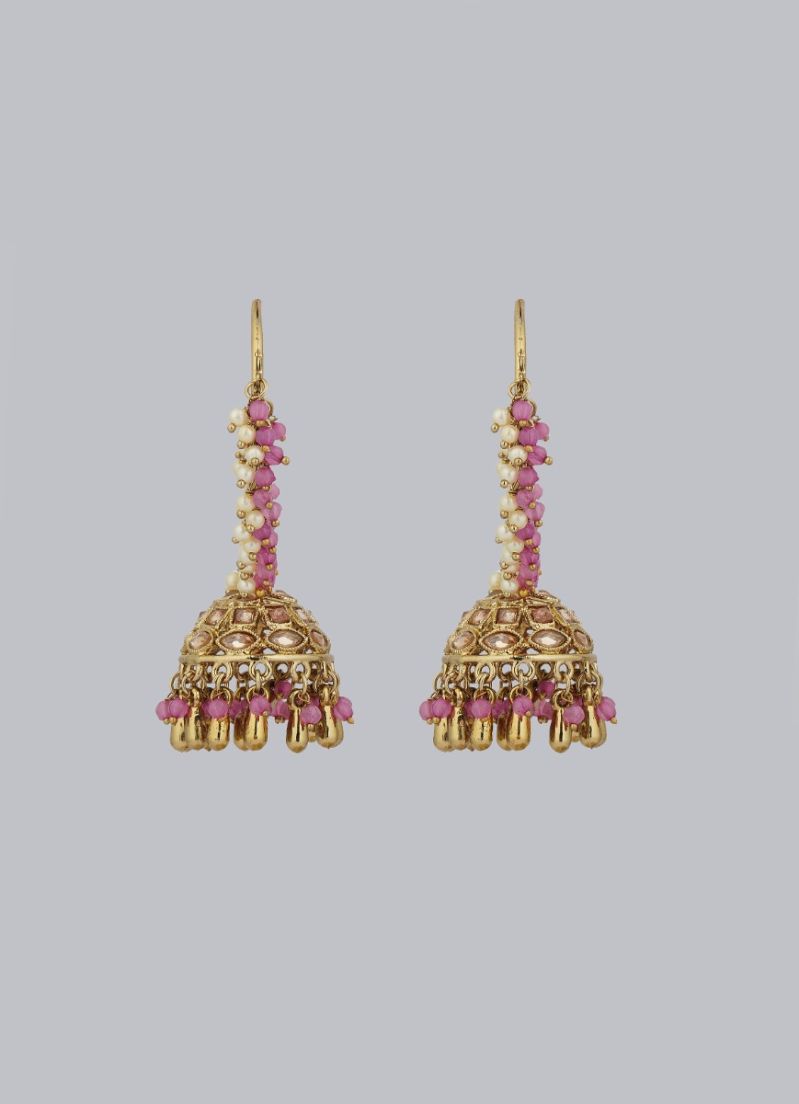 Gold Diamante Jumki Earrings with Purple Beads & Pearl Drops