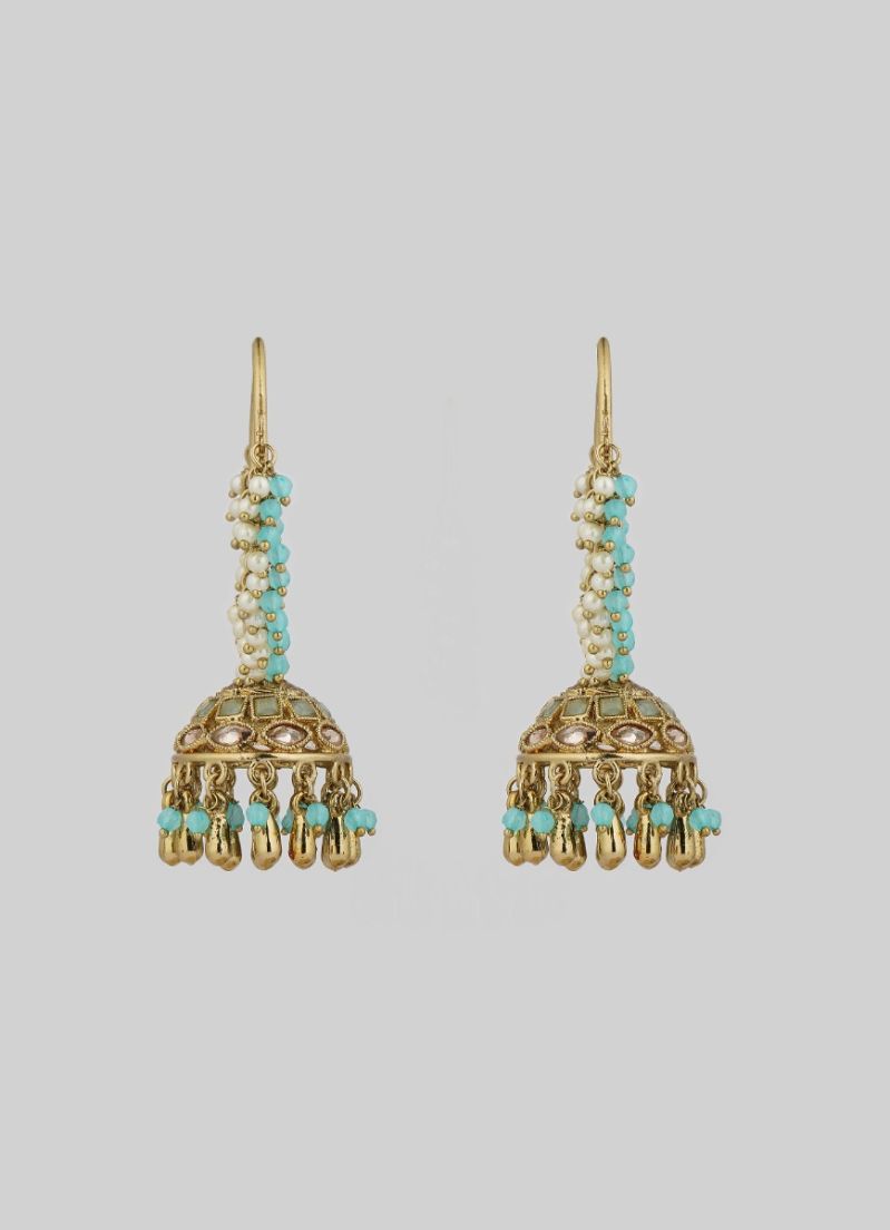 Gold Diamante with Aqua Beads and Pearl Bali Earrings