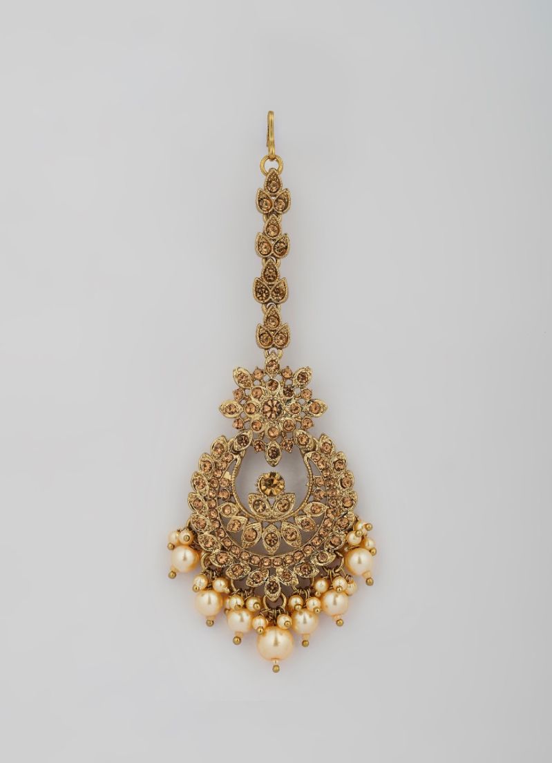 Gold Crystal Pearl Jumki and Tikka Set