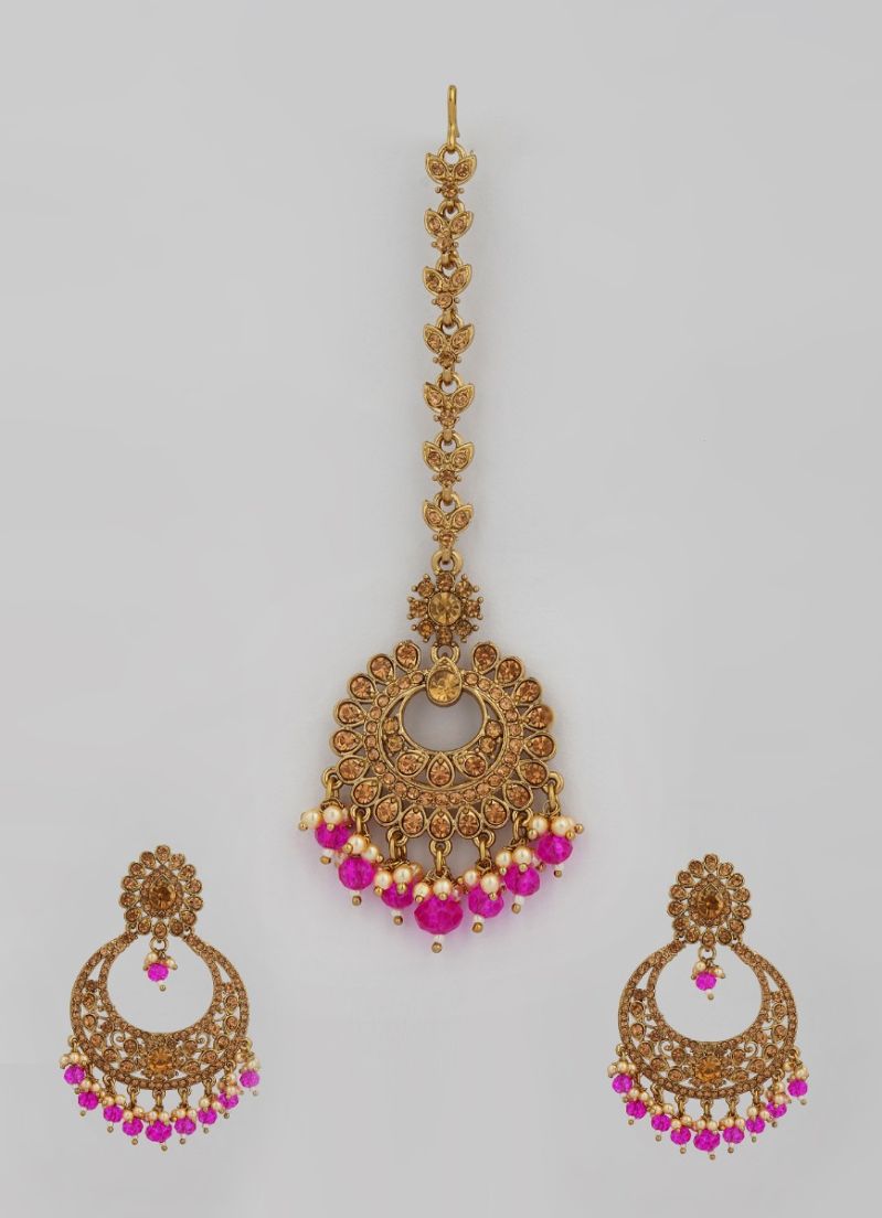 Buy Pink Crystal Pearl Earring and Tikka Set