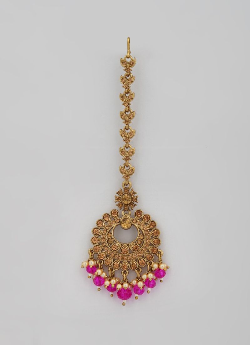 Pink Crystal Pearl Earring and Tikka Set