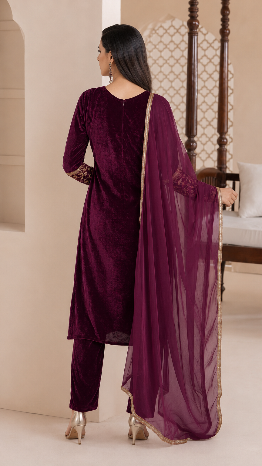 Plum purple velvet women’s salwar kameez suit with matching trousers and sheer dupatta, gold embroidered neckline and trim, elegant Asian ethnic wear by Diya Online