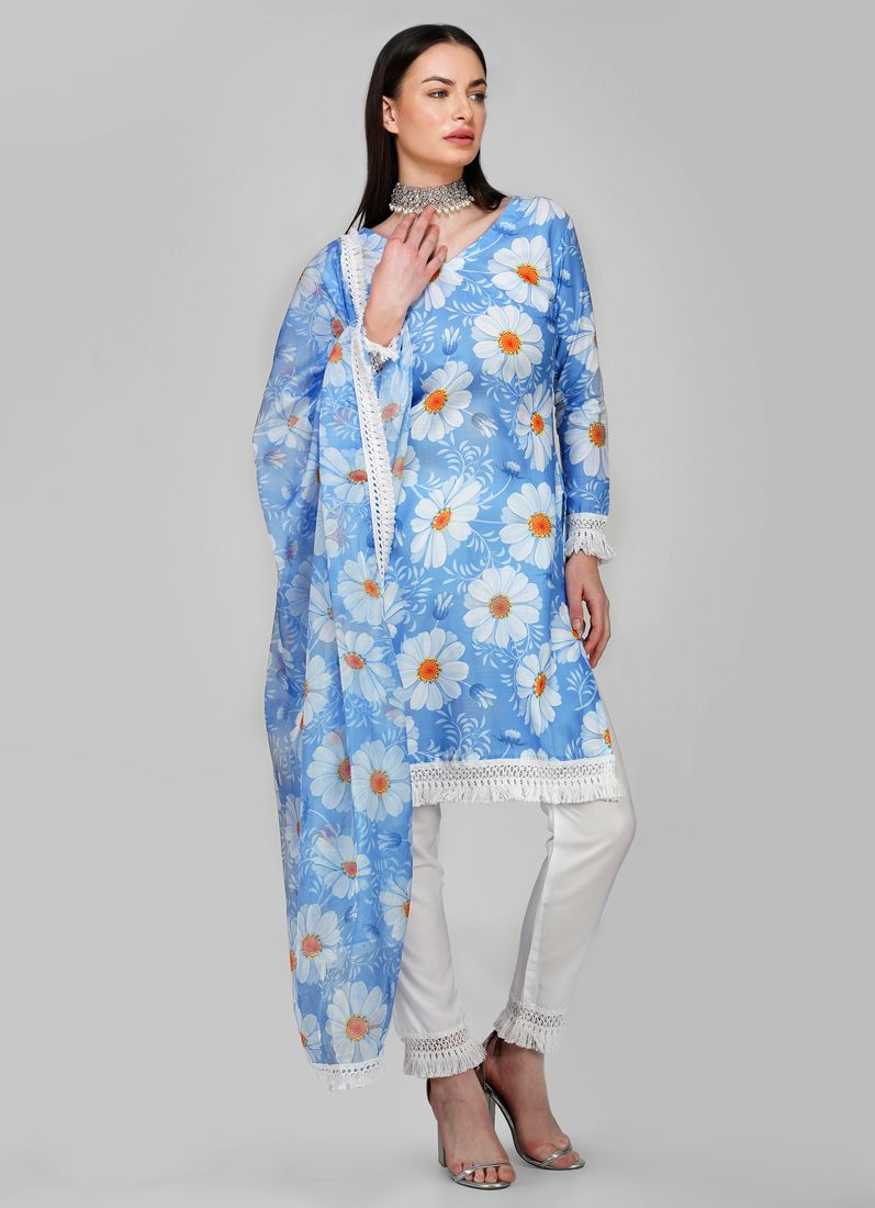 Buy Blue Linen Printed Dupatta Suit Set