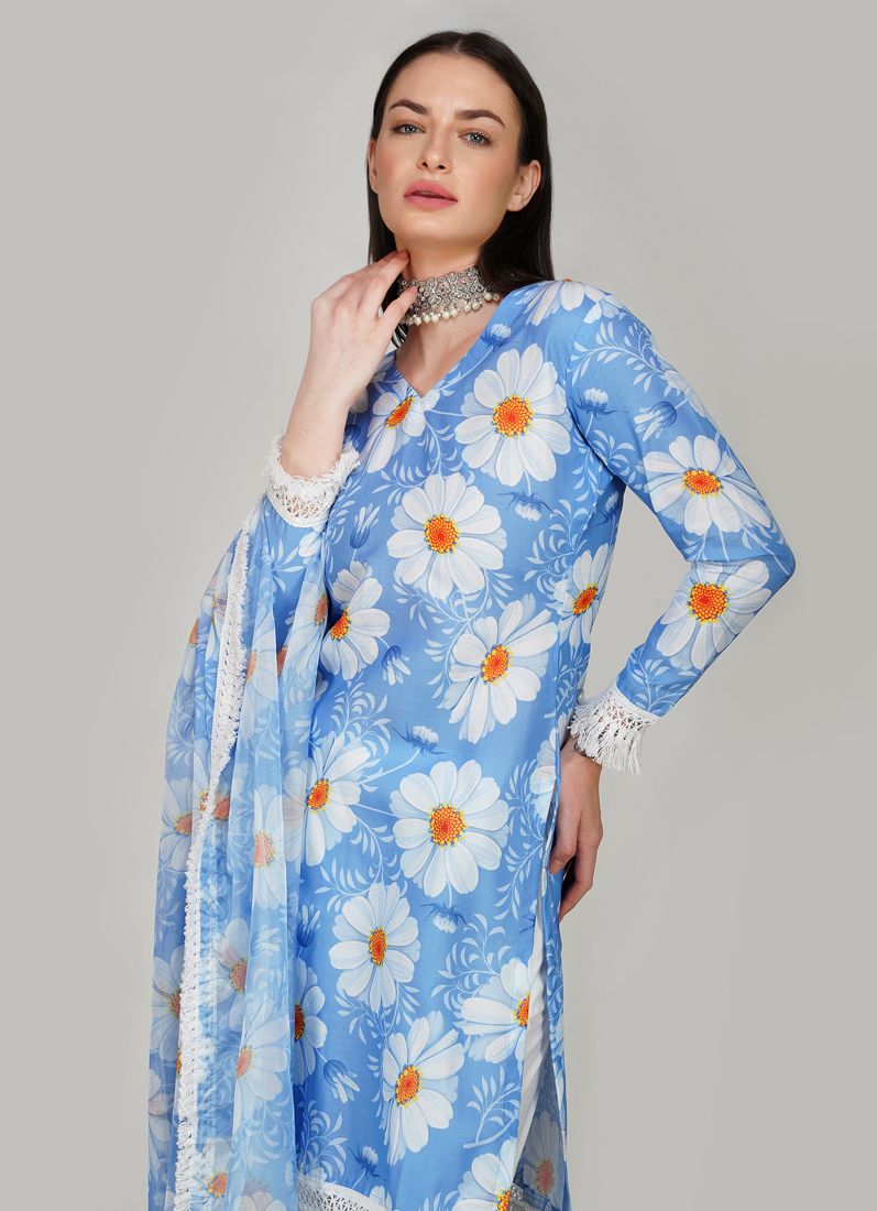 Buy Blue Linen Printed Dupatta Suit Set
