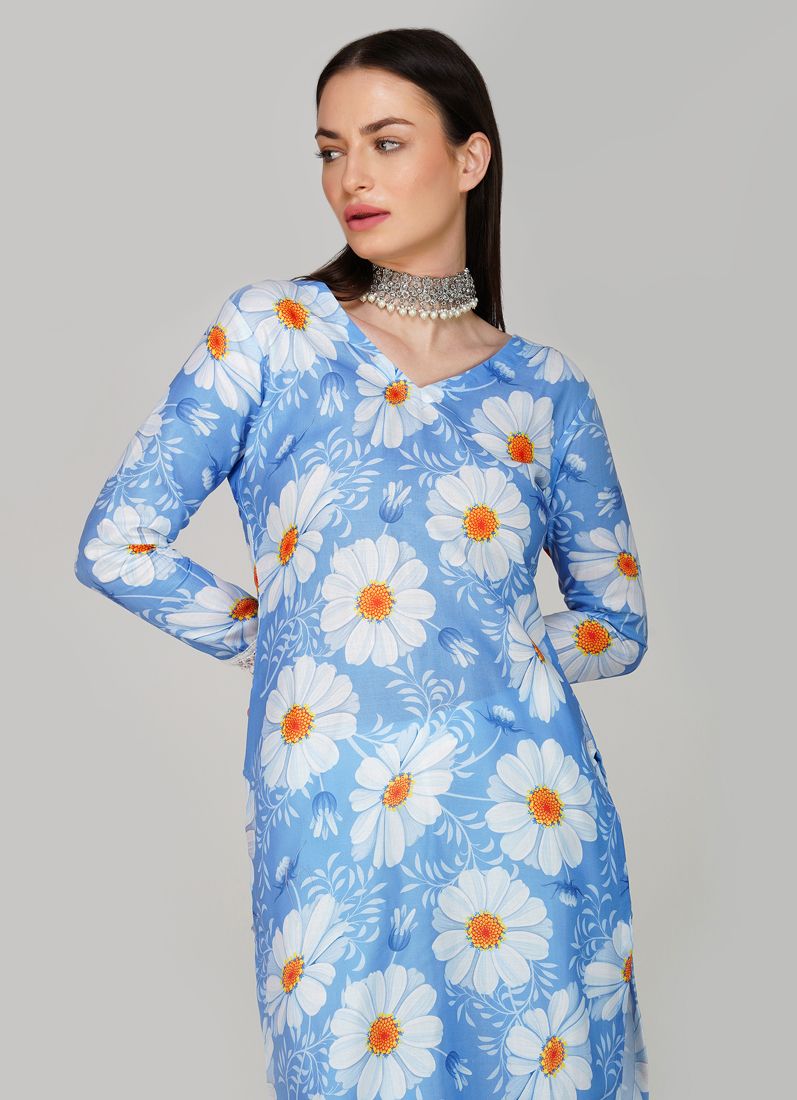 Buy Blue Linen Printed Dupatta Suit Set