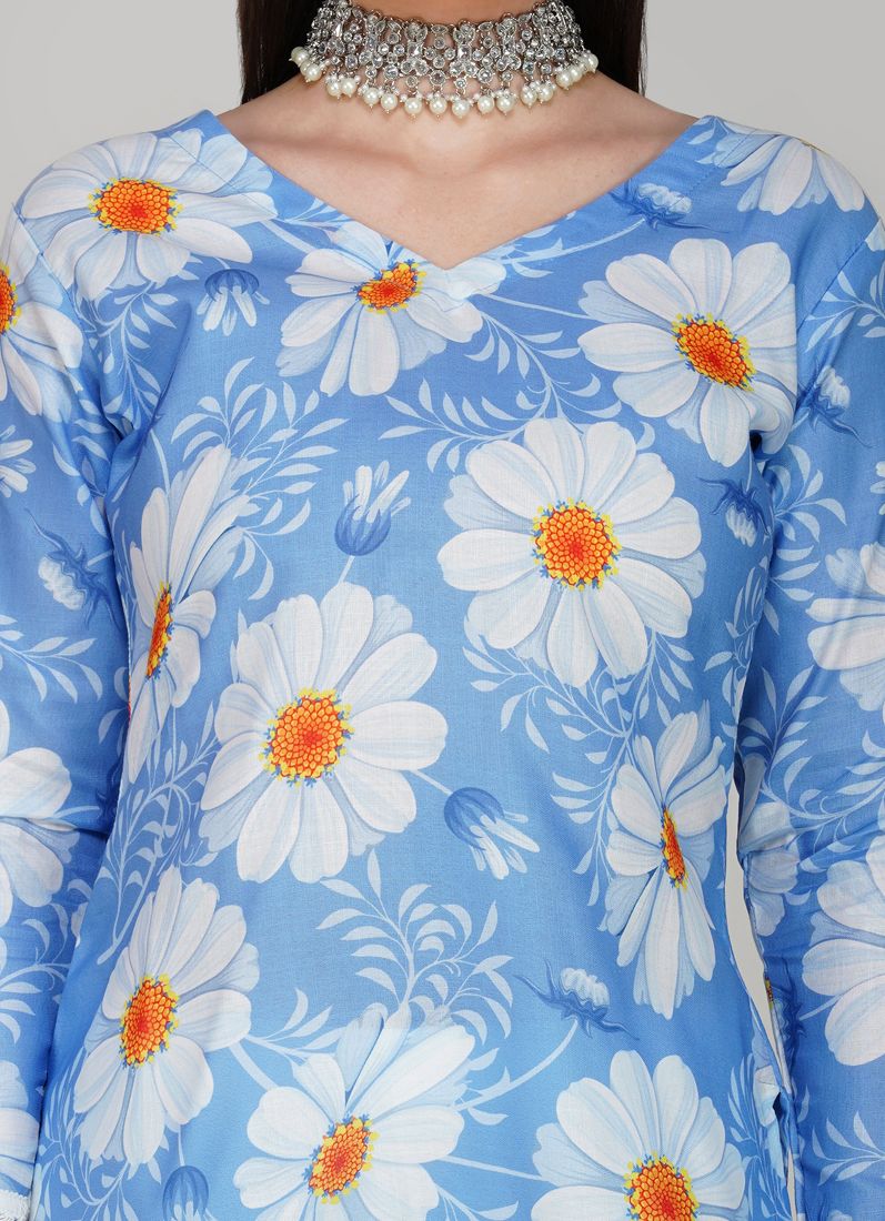 Buy Blue Linen Printed Dupatta Suit Set