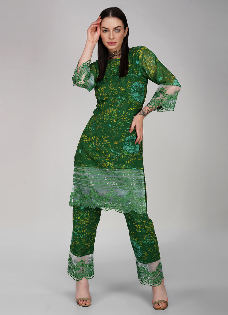 Green Embroidered Straight Cut Trouser Suit Set