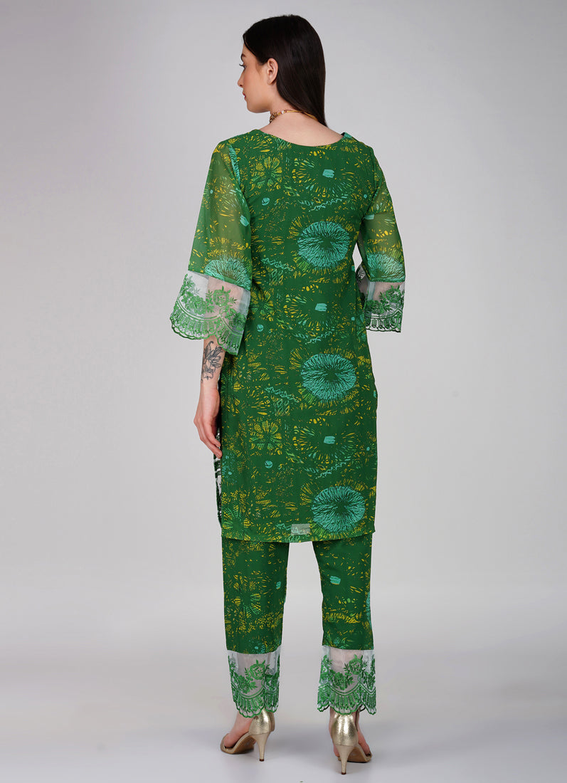 Green Embroidered Straight Cut Trouser Suit Set