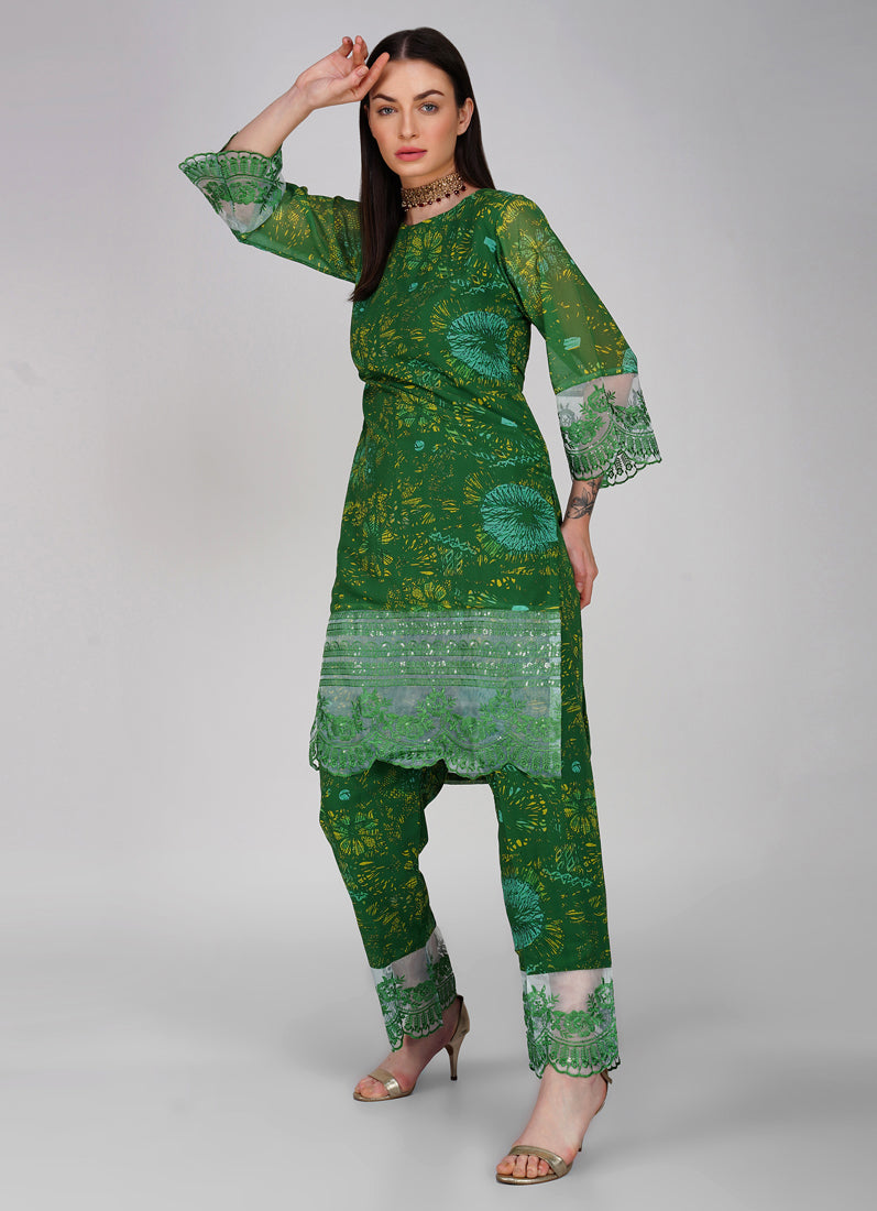Green Embroidered Straight Cut Trouser Suit Set