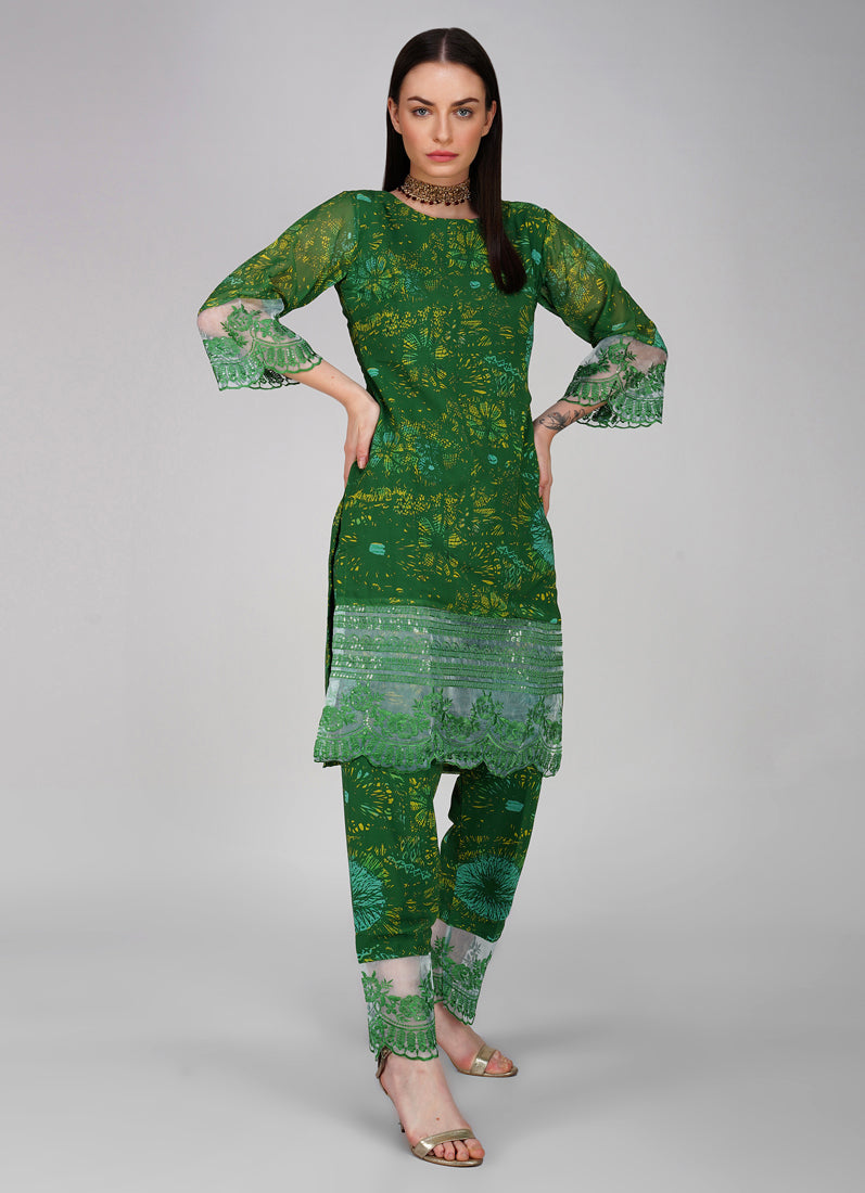 Green Embroidered Straight Cut Trouser Suit Set