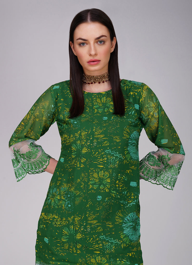 Green Embroidered Straight Cut Trouser Suit Set