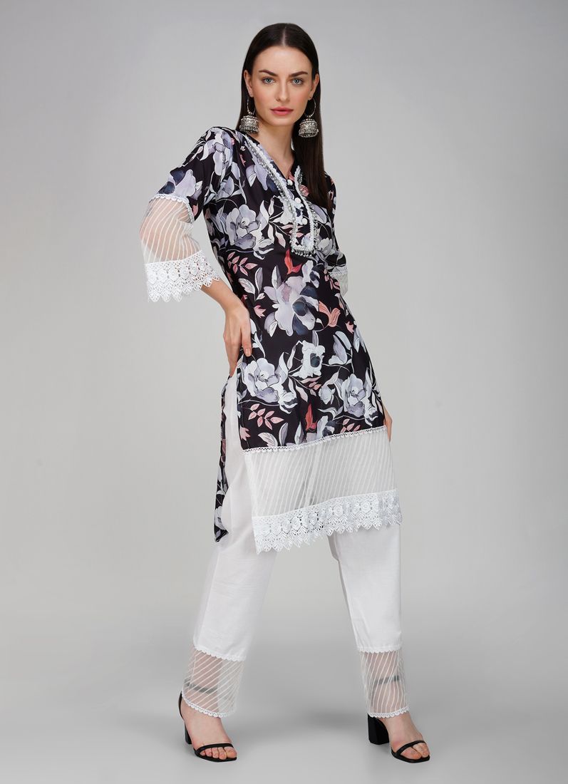 Buy Black Embroidered Straight Cut Trouser Suit Set