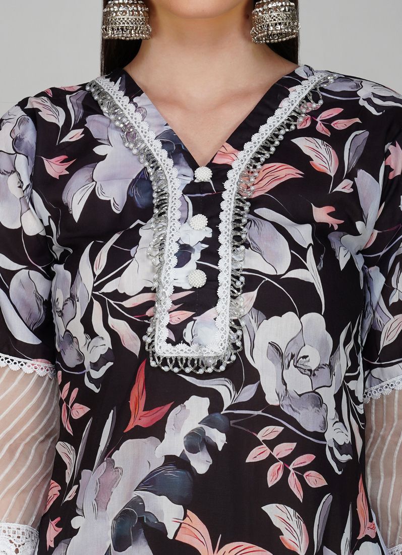 Buy Black Embroidered Straight Cut Trouser Suit Set