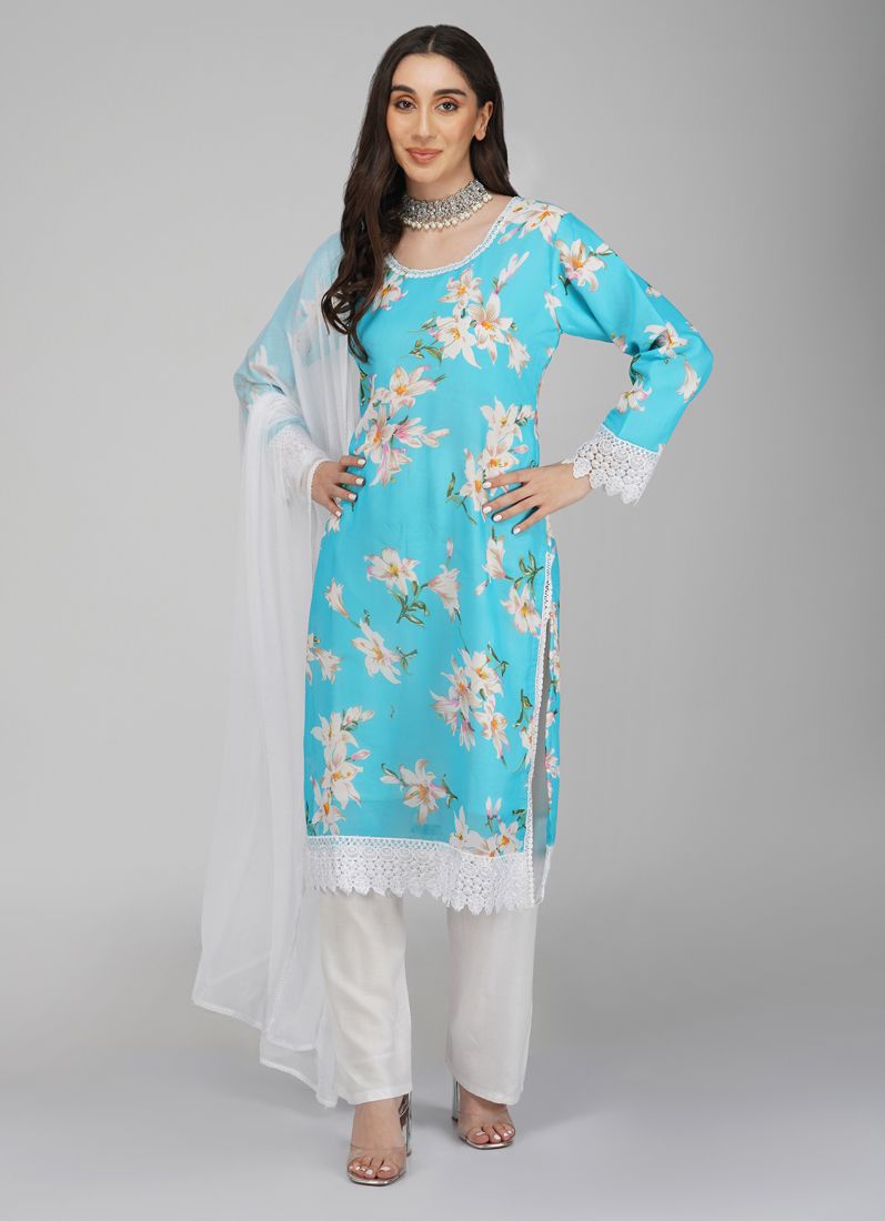 Buy Blue Georgette Straight Cut Trouser Suit Set