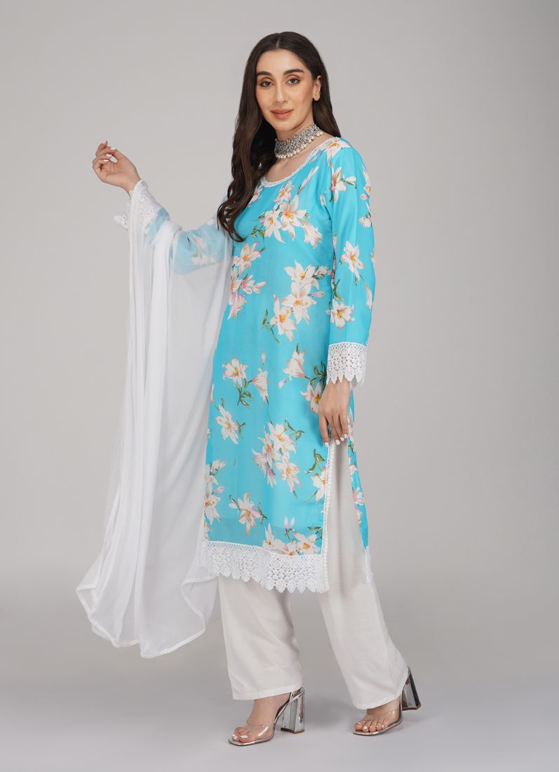 Buy Blue Georgette Straight Cut Trouser Suit Set