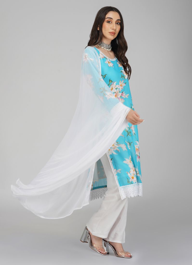 Buy Blue Georgette Straight Cut Trouser Suit Set