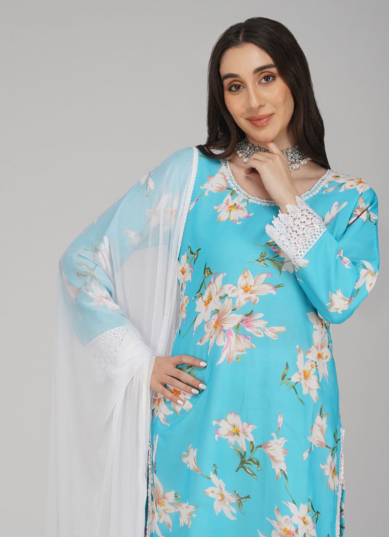 Buy Blue Georgette Straight Cut Trouser Suit Set