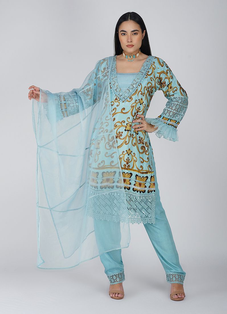 Buy Light Blue Crepe Straight Cut Suit