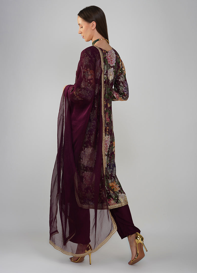 Wine Georgette Jacquard Shift Style Suit Set