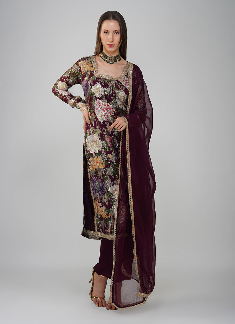Wine Georgette Jacquard Shift Style Suit Set