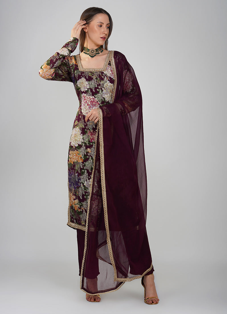 Wine Georgette Jacquard Shift Style Suit Set