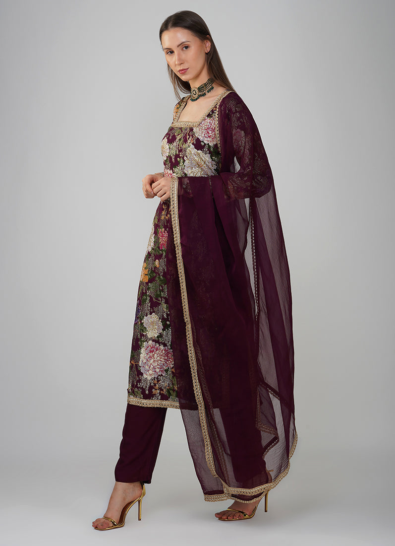 Wine Georgette Jacquard Shift Style Suit Set