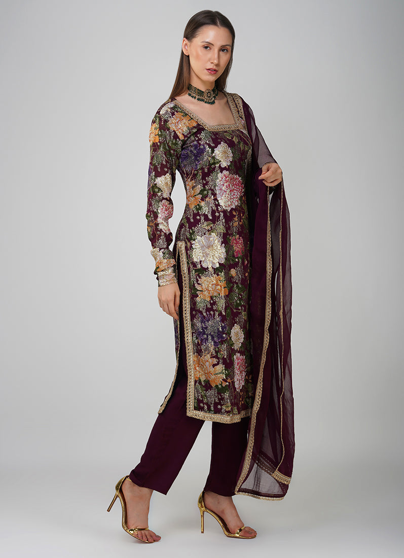 Wine Georgette Jacquard Shift Style Suit Set