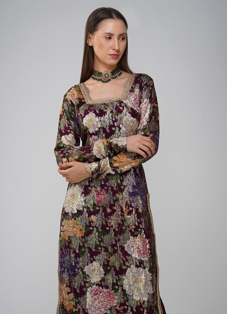 Wine Georgette Jacquard Shift Style Suit Set