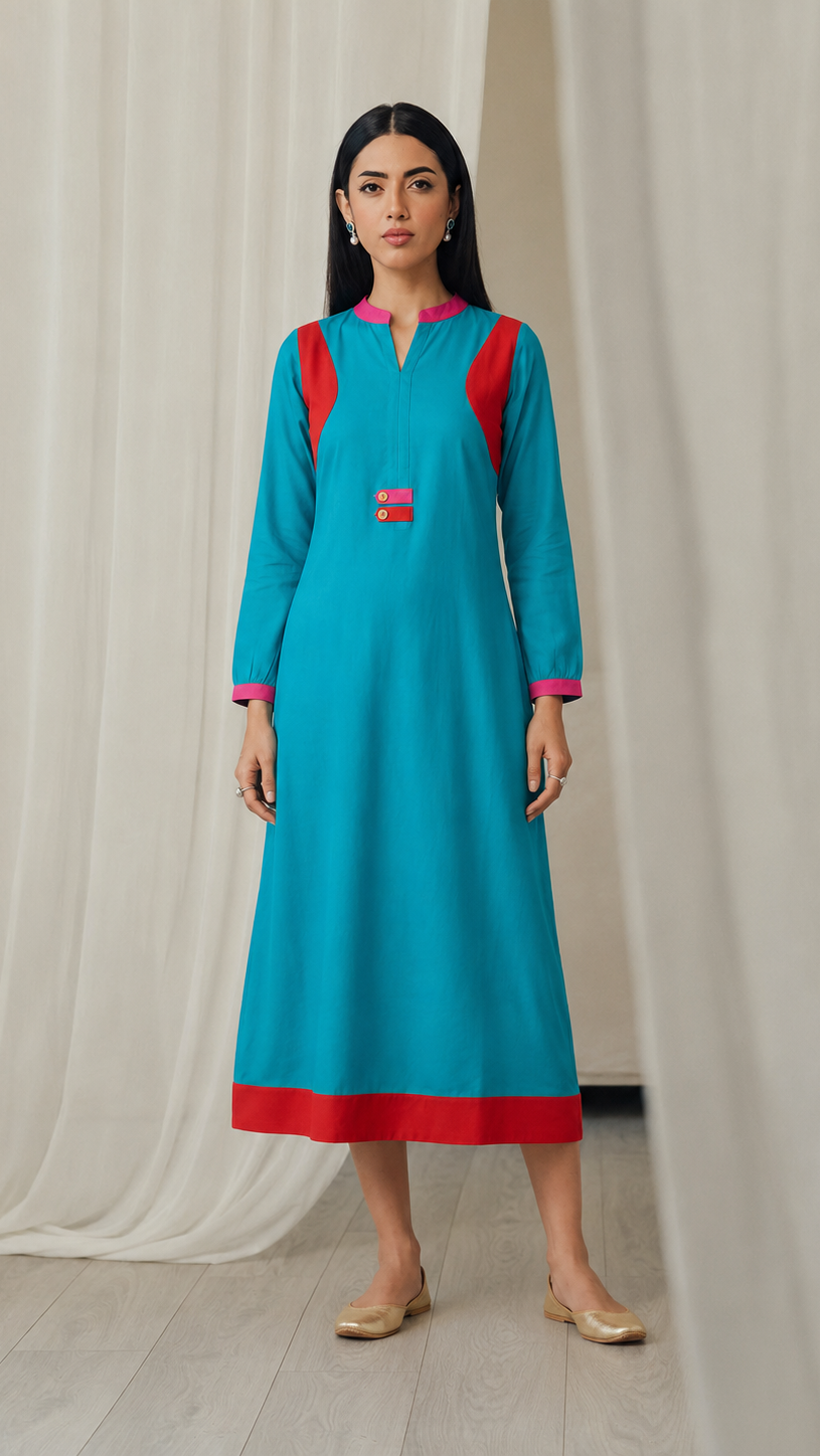 Turquoise blue women’s kurta dress with red border, pink collar detail and long sleeves, modest Asian ethnic wear by Diya Online