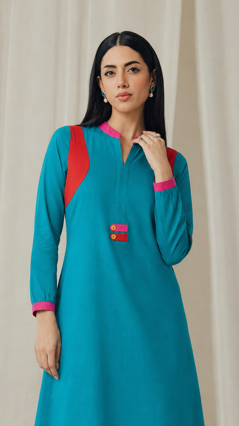 Turquoise blue women’s kurta dress with red border, pink collar detail and long sleeves, modest Asian ethnic wear by Diya Online