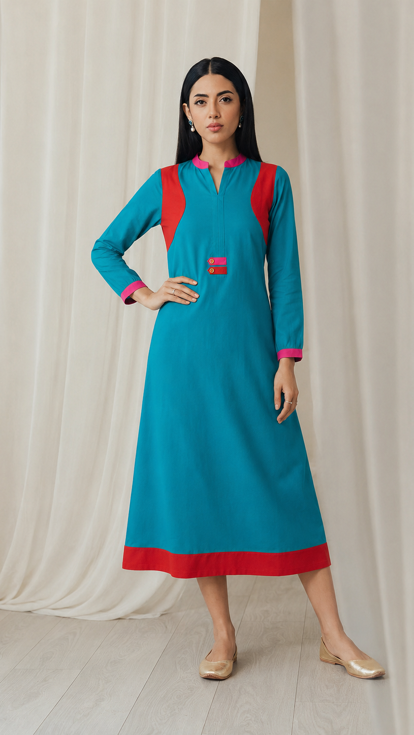 Turquoise blue women’s kurta dress with red border, pink collar detail and long sleeves, modest Asian ethnic wear by Diya Online