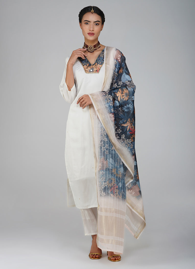 White Silk Embroidered Suit Set