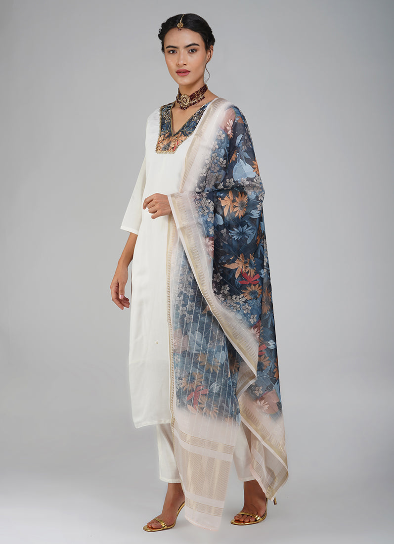 White Silk Embroidered Suit Set