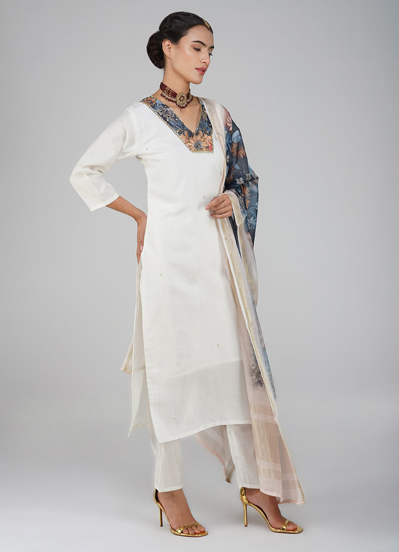 White Silk Embroidered Suit Set