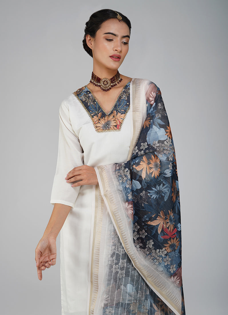 White Silk Embroidered Suit Set