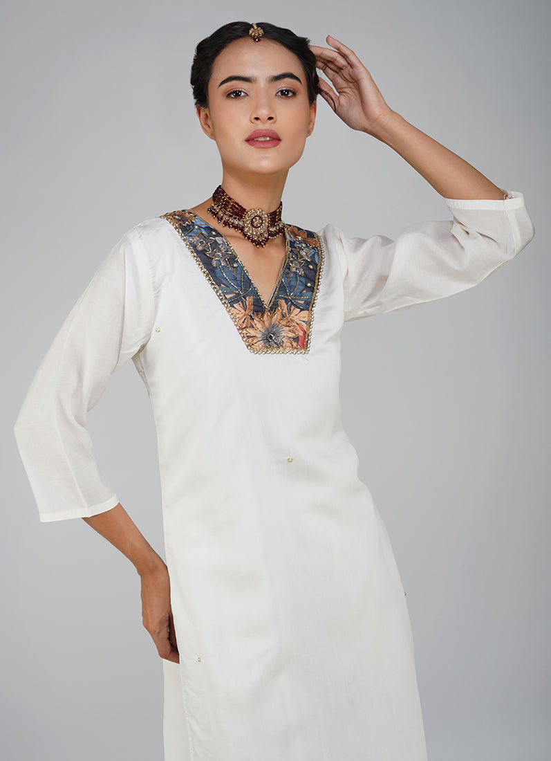 White Silk Embroidered Suit Set