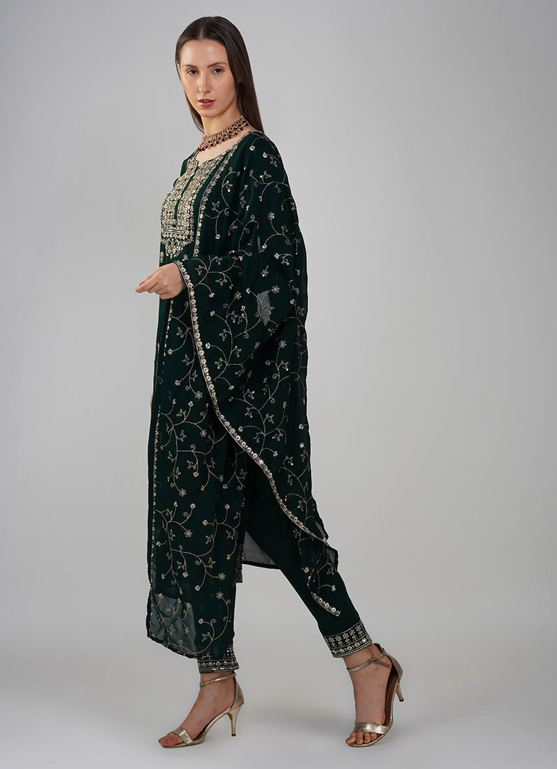 Dark Green Silk Embroidered Suit Set