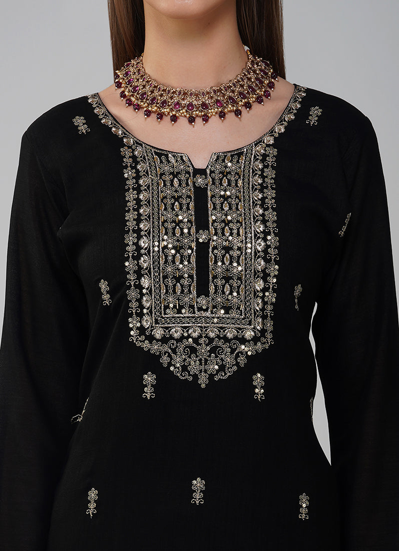 Black Silk Embroidered Suit Set