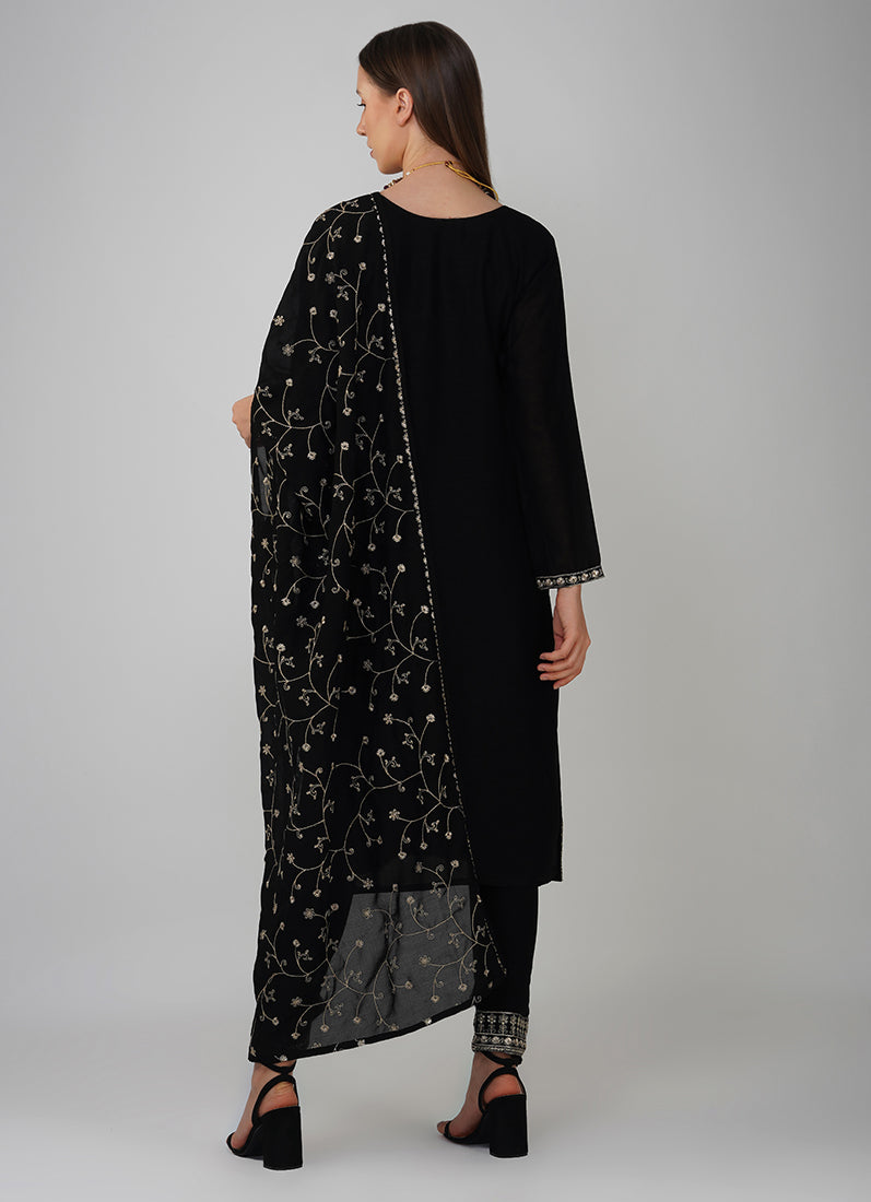 Black Silk Embroidered Suit Set