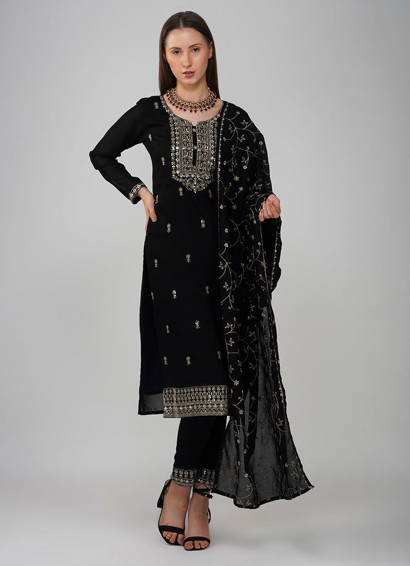 Black Silk Embroidered Suit Set