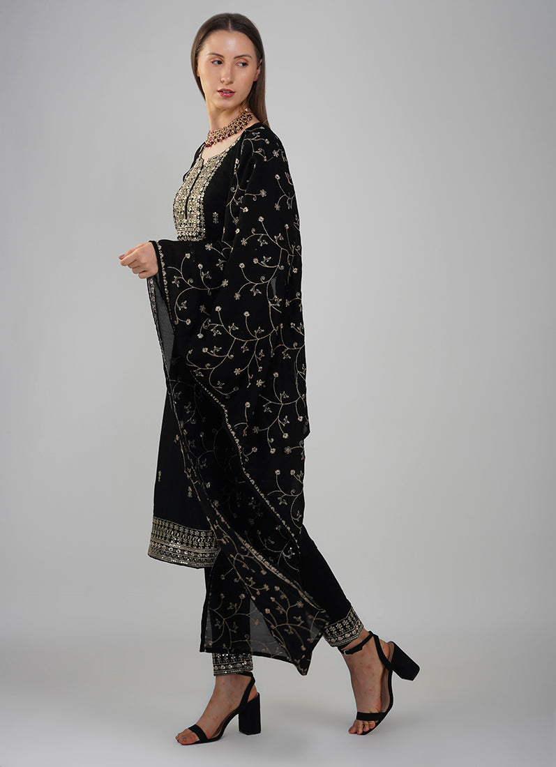 Black Silk Embroidered Suit Set