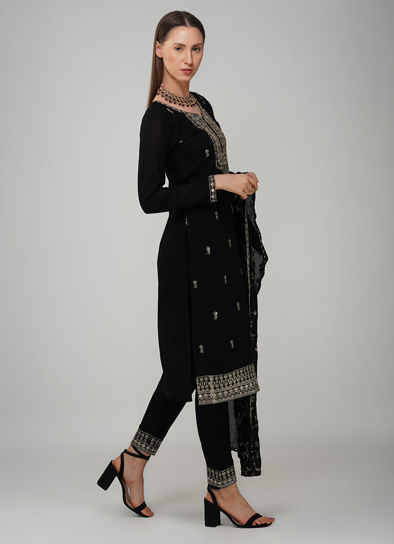 Black Silk Embroidered Suit Set