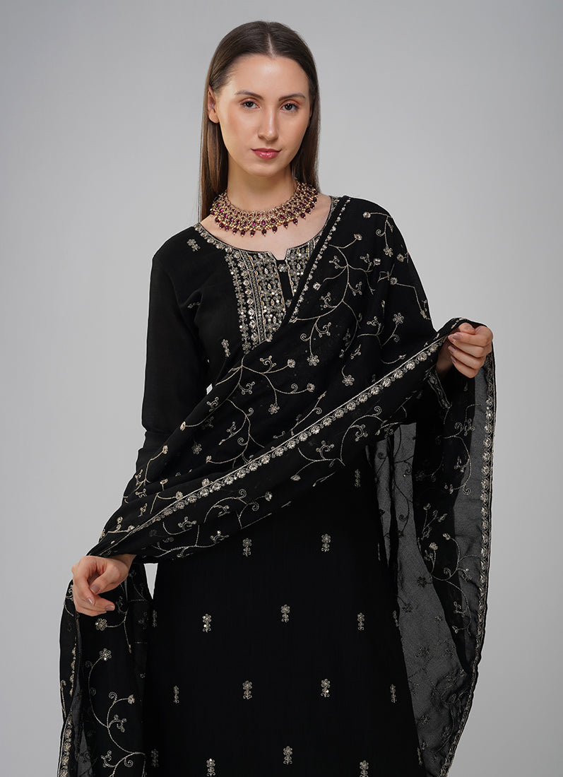 Black Silk Embroidered Suit Set