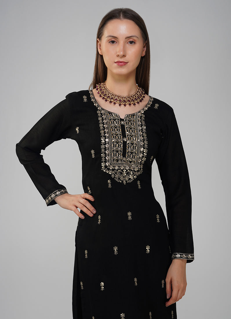 Black Silk Embroidered Suit Set
