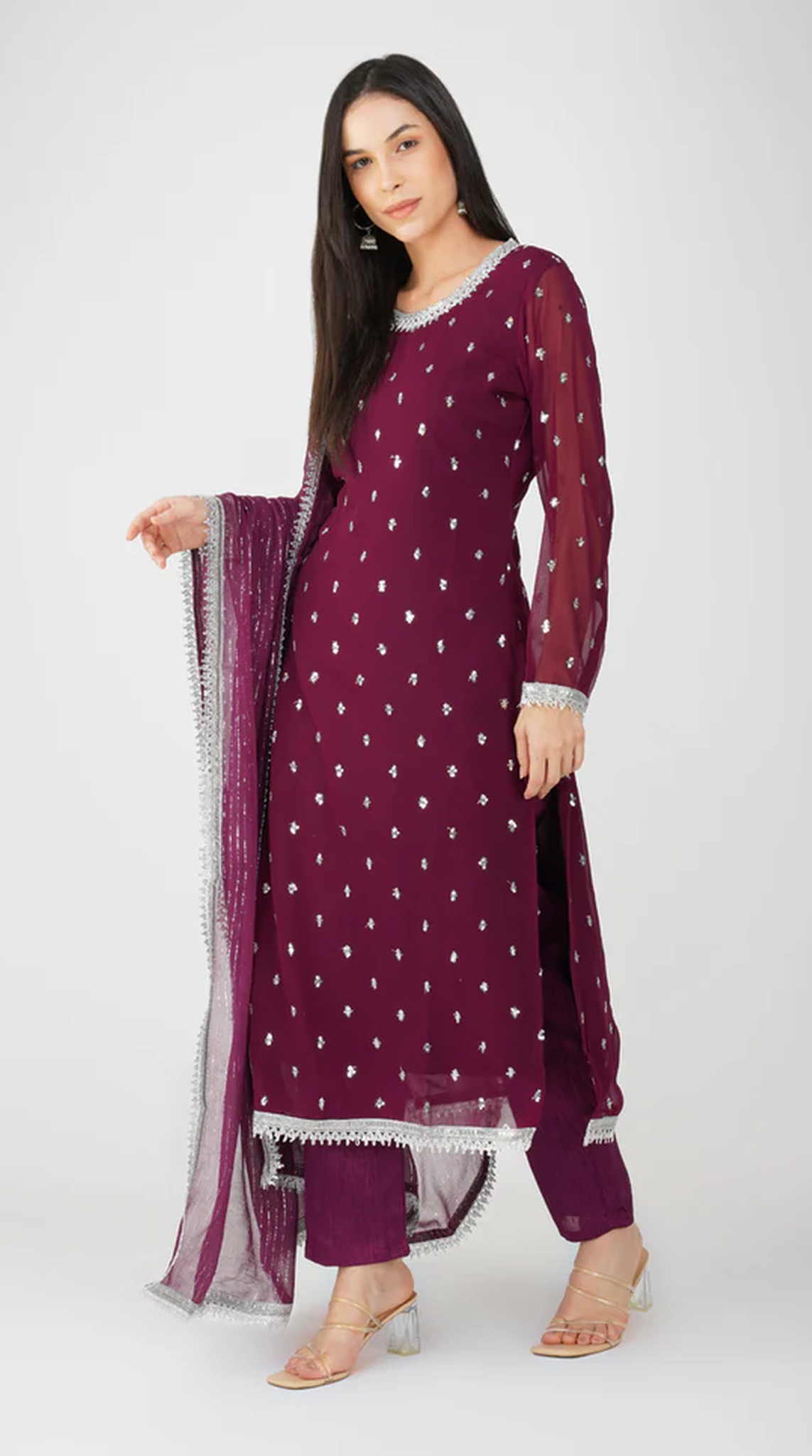 Wine Georgette Jacquard Straight Cut Suit Set