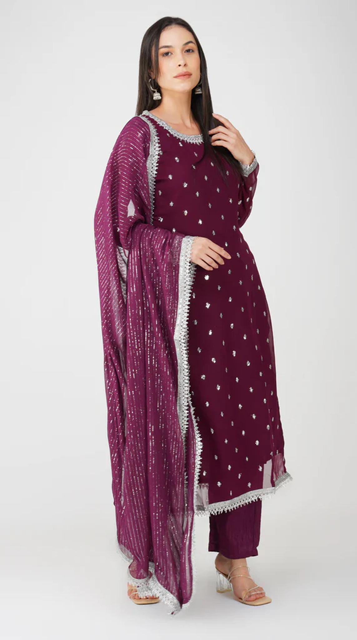 Wine Georgette Jacquard Straight Cut Suit Set
